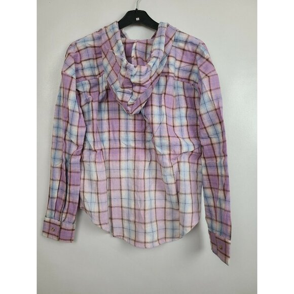 Hem and Thread Womens Hooded Shirt Large Purple Plaid Deep Dye Button Up BOHO - Picture 3 of 8
